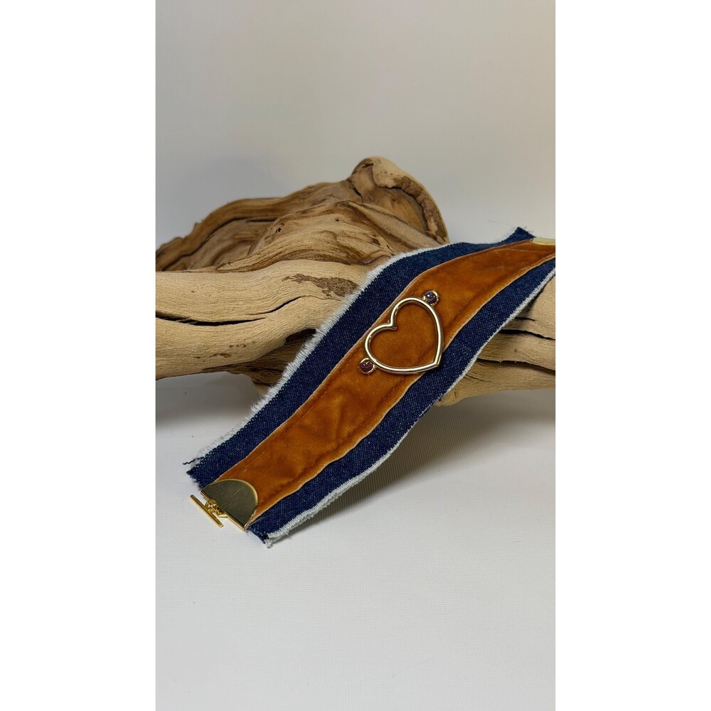 Upcycled Denim Cuff Bracelet Amber Velvet Ribbon Heart Charm Vintage Textile